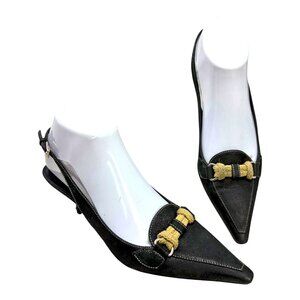 Prada Black Textured Leather Braided Horse Bit Slingback Kitten Heels